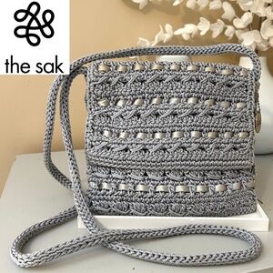 Like New The SAK Crochet Crossbody with Satin Ribbon Silver Grey Flap/Zipper